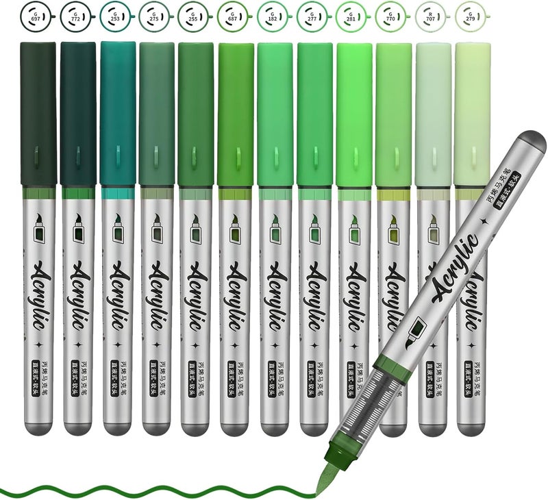 ZZWUAPT Green Acrylic Paint Pens,12 Color Paint Pen Markers,Brush Tip Paint Pens for Rock Painting Wood Glass Ceramic Canvas Stone DIY Crafts Making Art Supplies - Image 1